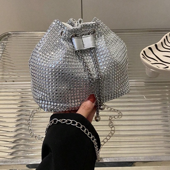 Luxe Textured Chain Handle Bucket Evening Party Formal Shoulder Crossbody - Picture 8 of 9